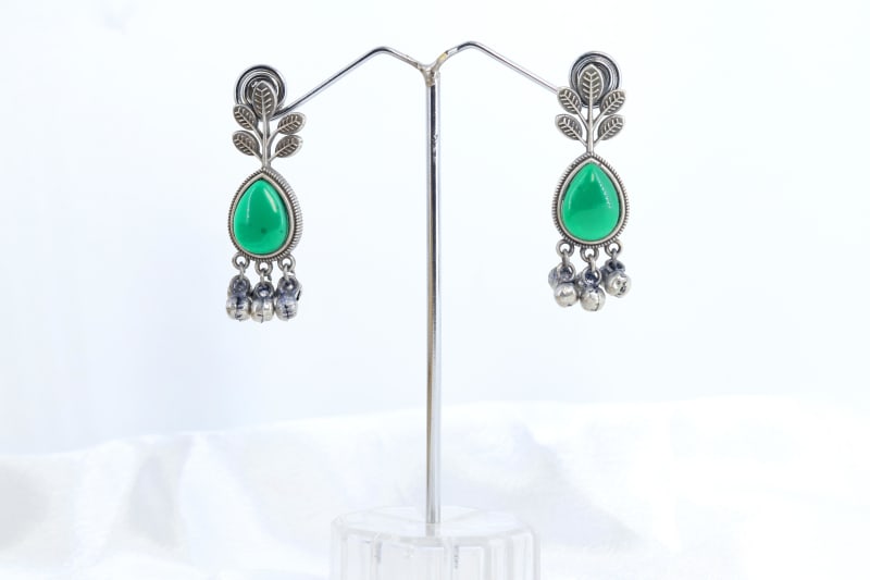 Green Oxidized Leaf Earrings with Teardrop Stone & Ghungroo Beads | Lightweight Daily Wear Earrings for Women
