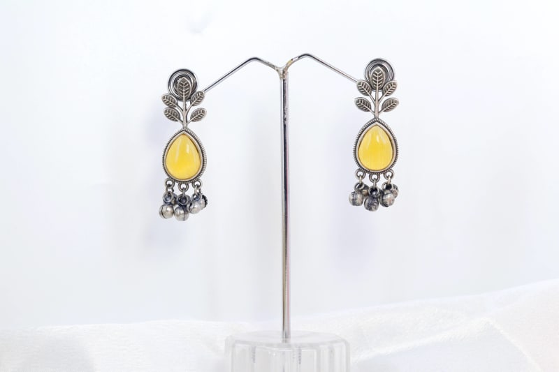 Yellow Oxidized Leaf Earrings with Teardrop Stone & Ghungroo Beads | Lightweight Daily Wear Earrings for Women & Girls
