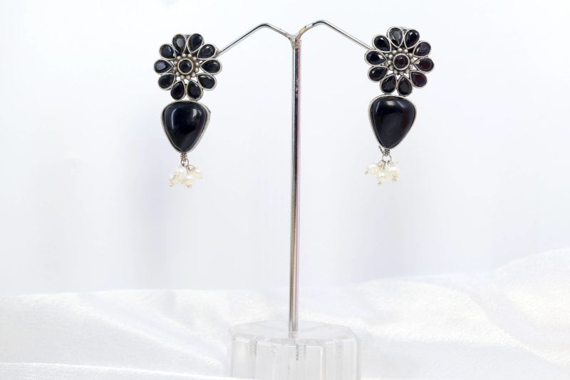 Black Oxidized Flower Earrings with Teardrop Stone & Pearl Beads | Stylish Lightweight Earrings for Women & Girls