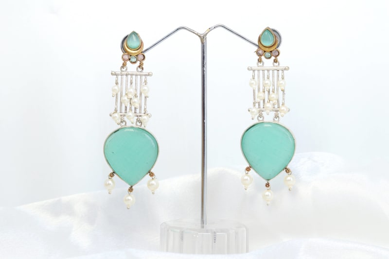 Mint Green Long Dangler Earrings with Pearl Chains | Lightweight Pastel Statement Earrings for Women