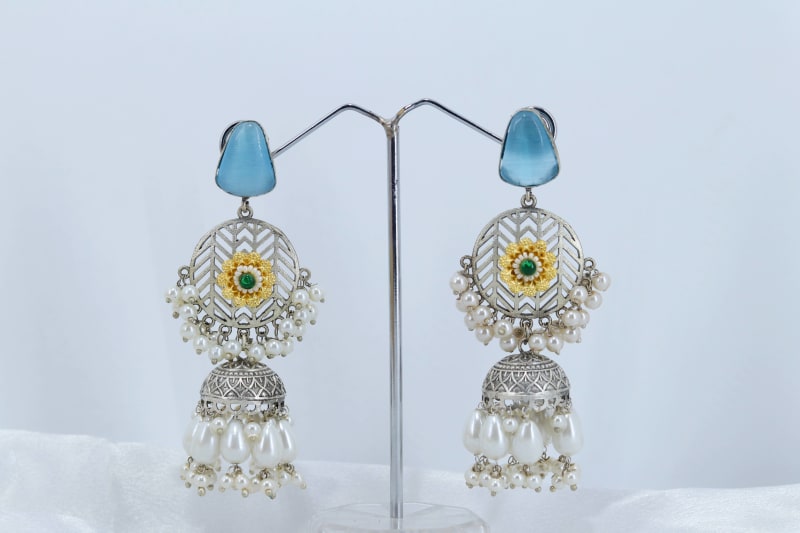 Blue Stud Silver Jhumka Earrings with Pearls | Ethnic Fashion Dangler Jewellery for Women