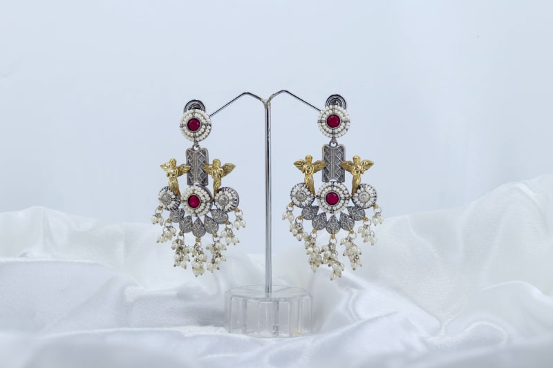 Dual-Tone Angel Motif Pearl Cluster Dangler Earrings | Oxidised Silver & Antique Gold Designer Ethnic Earrings for Weddings & Festive Wear