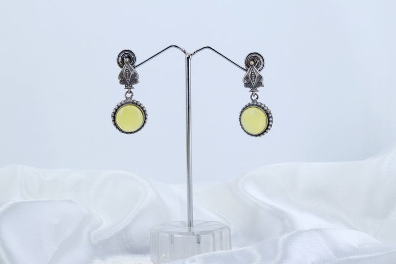 Vintage Oxidised Silver Round Drop Earrings with Pastel Yellow Stone | Lightweight Ethnic Dailywear & Festive Earrings for Women