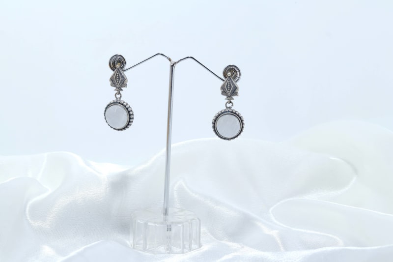 Vintage Oxidised Silver Round Earrings with Glossy White Stone | Minimal Ethnic Dailywear Earrings for Women