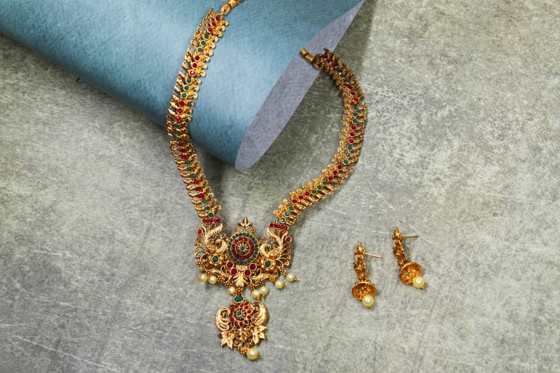 Antique Temple Necklace Set with Ruby & Emerald Stones | Traditional Goddess Lakshmi Design Jewellery for Women
