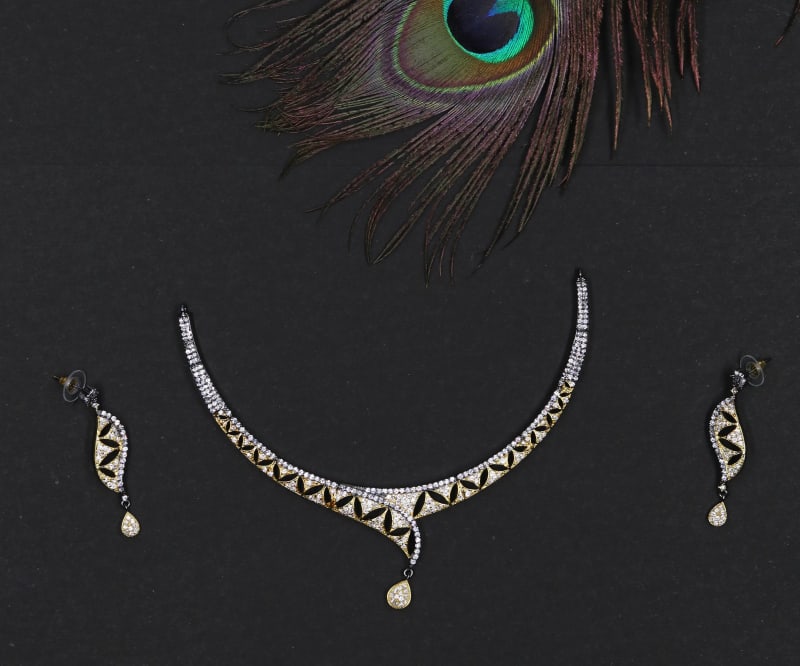 Black & Gold American Diamond Necklace Set for Women | Elegant Partywear AD Jewellery with Tear-Drop Pendant