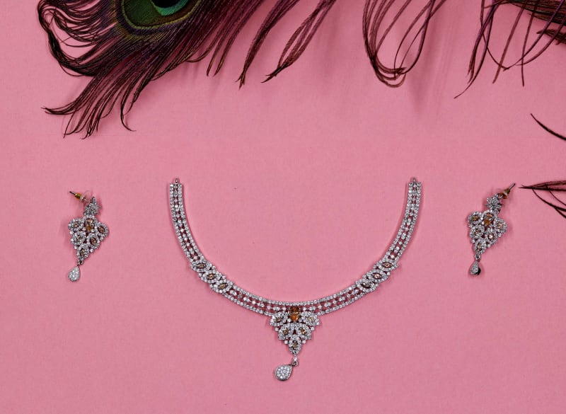 Premium Silver & Copper-Toned American Diamond Necklace Set for Women | Bridal Partywear AD Jewellery with Tear-Drop Pendant