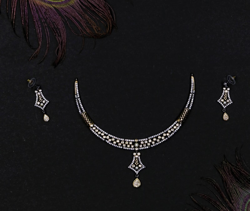 Premium Black-Gold American Diamond Choker Necklace Set for Women | Partywear & Bridal AD Jewellery with Pearl-Stone Detailing