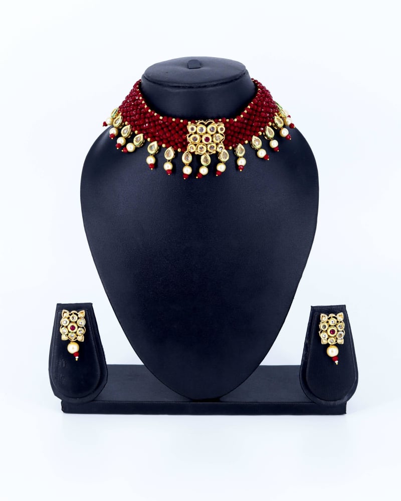 Royal Red Beads Kundan Choker Necklace Set for Women | Bridal Temple Jewelry with Pearl Drops | Gold Plated Festive Jewellery