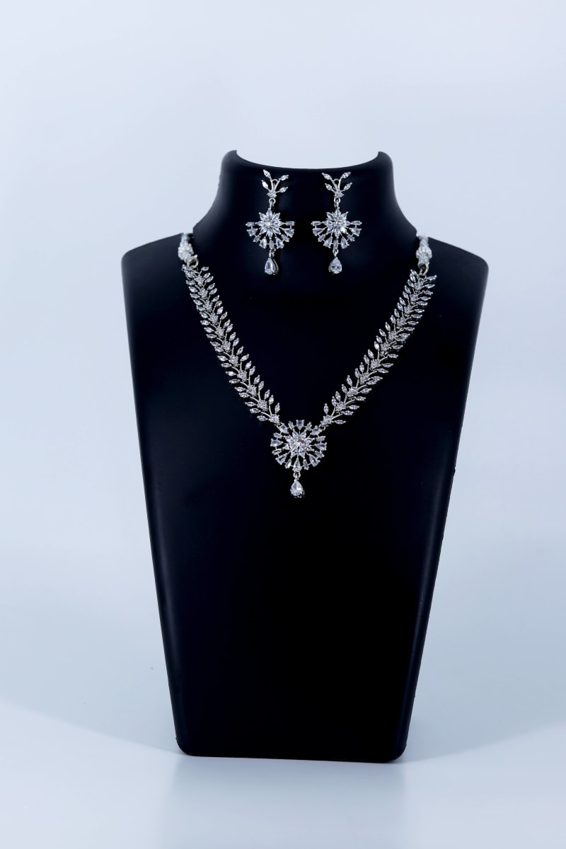 Luxury Silver American Diamond Necklace Set for Women | Premium Zircon Bridal Jewellery with Statement Earrings | Party Wear, Engagement & Wedding Necklace Set