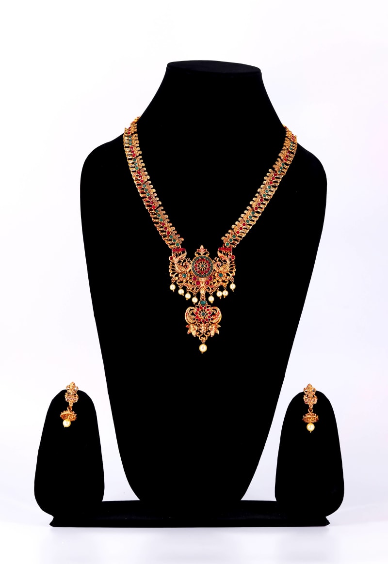 Antique Gold Temple Necklace Set for Women | Traditional South Indian Bridal Jewellery with Red–Green Stones & Pearls | Temple Lakshmi Design Wedding Necklace with Earrings