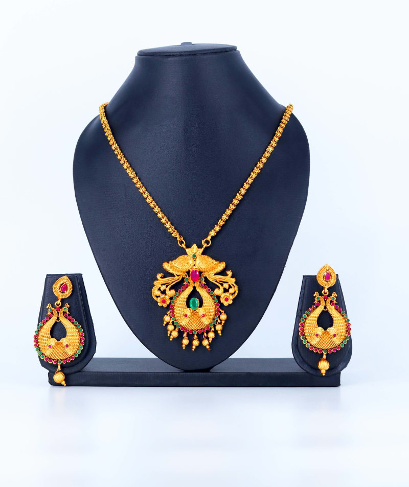 Grand Antique Gold Peacock Temple Necklace Set for Women | Traditional South Indian Bridal Jewellery with Red-Green Stones & Dangling Beads | Festive & Wedding Wear Necklace with Matching Earrings