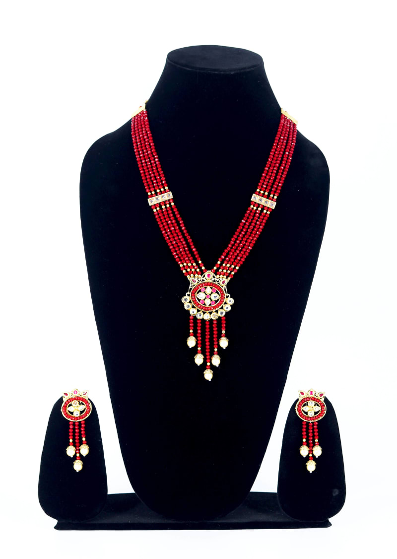 Royal Red Beaded Kundan Necklace Set for Women | Multilayer Bridal Jewellery with Elegant Pendant & Matching Earrings | Traditional Indian Wedding & Festive Wear Necklace