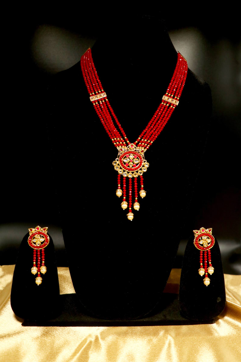Royal Red Multilayer Beaded Kundan Necklace Set for Women | Traditional Bridal Jewellery with Round Pendant & Matching Earrings | Wedding & Festive Wear Necklace Set