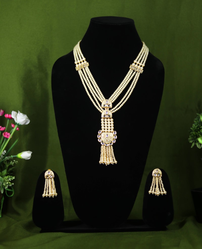 Royal Multi-Layer Pearl Kundan Necklace Set for Women | Traditional Long Rani Haar with Antique Pendant & Matching Earrings | Perfect for Weddings & Festive Occasions