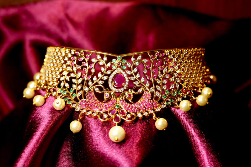 Royal Bridal Kundan Choker with Ruby & Emerald Stones | Premium Gold-Plated Peacock Design Choker Necklace with Pearl Drops & Matching Jhumka Earrings