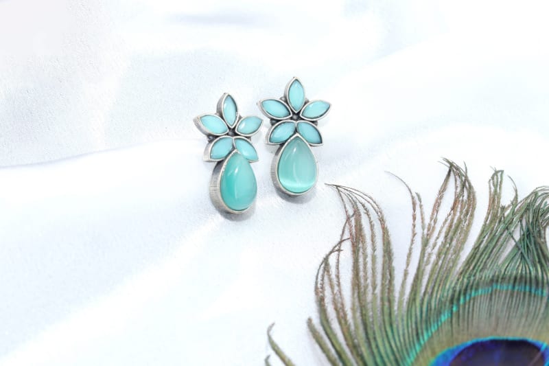 Elegant Floral Mint Green Stone Earrings for Women | Premium Oxidised Silver Finish | Lightweight Party Wear & Daily Wear Drop Earrings