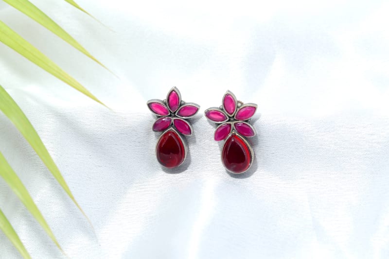 Elegant Pink Floral Stone Earrings for Women | Oxidised Silver Finish | Stylish Teardrop Pink Earrings for Party, Daily Wear & Gifting