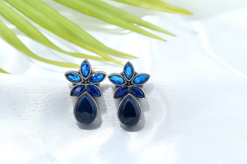 Elegant Blue Floral Stone Earrings for Women | Oxidised Silver Finish | Stylish Navy Blue Teardrop Earrings for Party Wear, Daily Use & Gifting