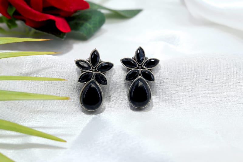 Elegant Black Floral Stone Earrings for Women | Oxidised Silver Finish | Stylish Black Teardrop Statement Earrings for Party Wear, Office Wear & Daily Use