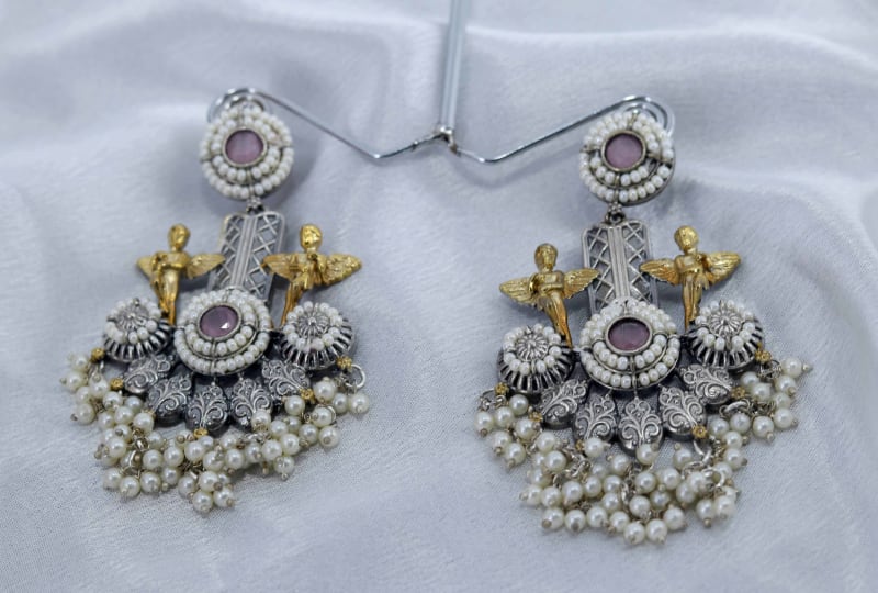 Royal Oxidised Angel Motif Pearl Dangler Earrings for Women | Antique Silver-Gold Fusion Long Earrings | Handcrafted Ethnic Statement Jewellery