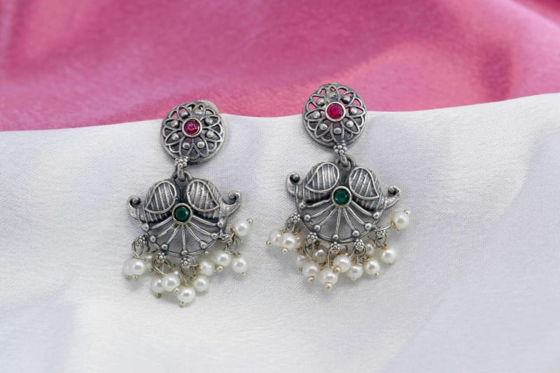 Traditional Oxidised Silver Lotus Dangler Earrings with Pearl Clusters | Antique Floral Design Earrings for Women | Ethnic Festive & Wedding Jewellery