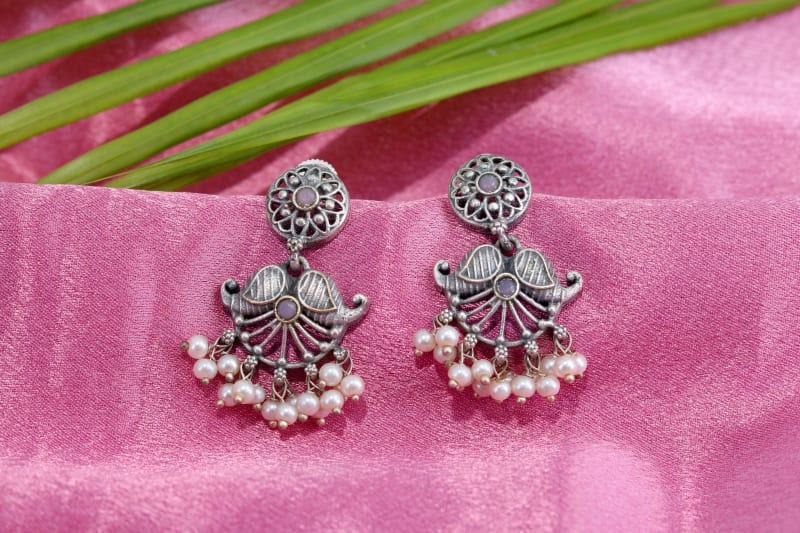 Antique Oxidised Silver Peacock Dangler Earrings with Pearl Drops | Traditional Ethnic Earrings for Women | Festive & Wedding Jewellery
