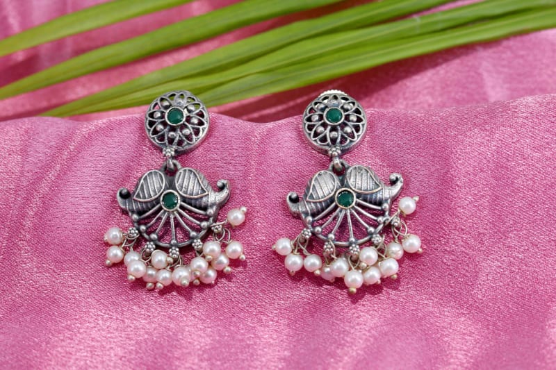 Traditional Oxidised Silver Earrings with Green Stone Detailing & Pearl Drops | Antique Ethnic Design for Women & Girls | Stylish Statement Oxidised Jhumki Earrings | Perfect for Festive & Daily Wear