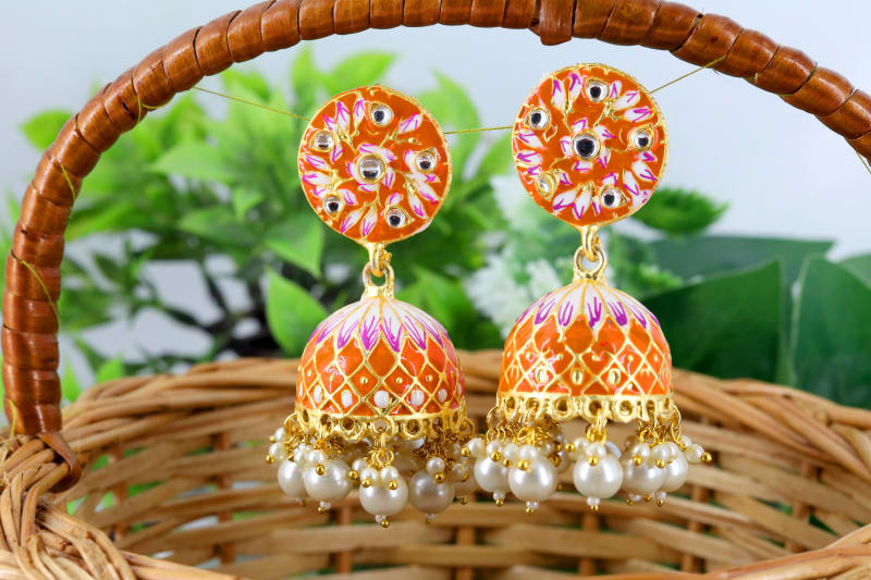 Orange Enamel Jhumka Earrings with Pearl Drops | Traditional Meenakari Earrings for Women | Festive & Wedding Ethnic Jewellery