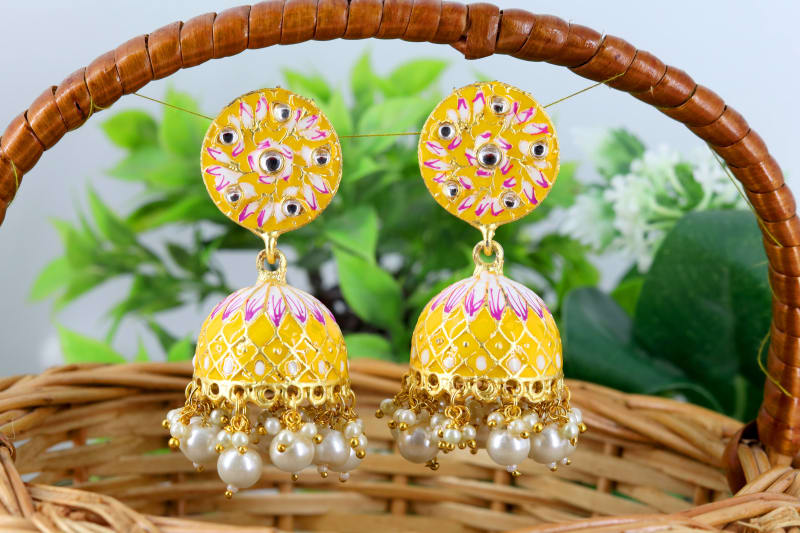Hand-Painted Yellow Meenakari Jhumka Earrings with Pearl Clusters | Traditional Ethnic Gold-Plated Jhumki for Women | Festive & Wedding Jewellery