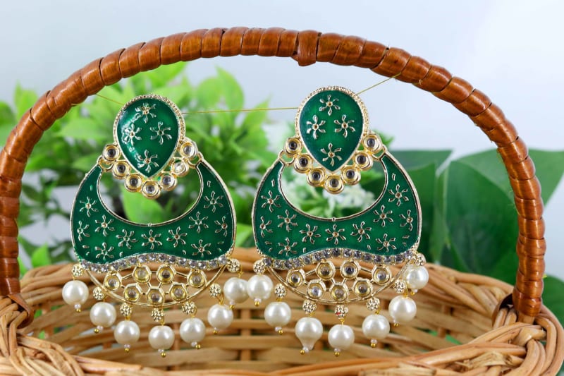 Royal Green Meenakari Chandbali Earrings with Pearl Drops | Traditional Kundan Work Ethnic Earrings for Women | Festive & Wedding Jewellery