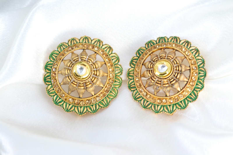 Traditional Green & Gold Kundan Stud Earrings for Women | Antique Round Floral Design Earrings | Festive & Wedding Wear Jewellery