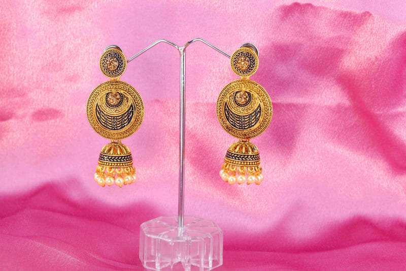Traditional Antique Gold Round Dangler Jhumka Earrings with Black Detailing & Pearl Drops | Ethnic Festival & Wedding Jewellery for Women