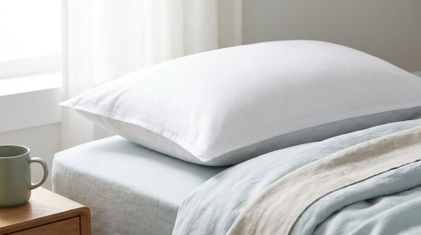 Close-up of a cool-toned cooling pillow on breathable linen bedding in soft morning light