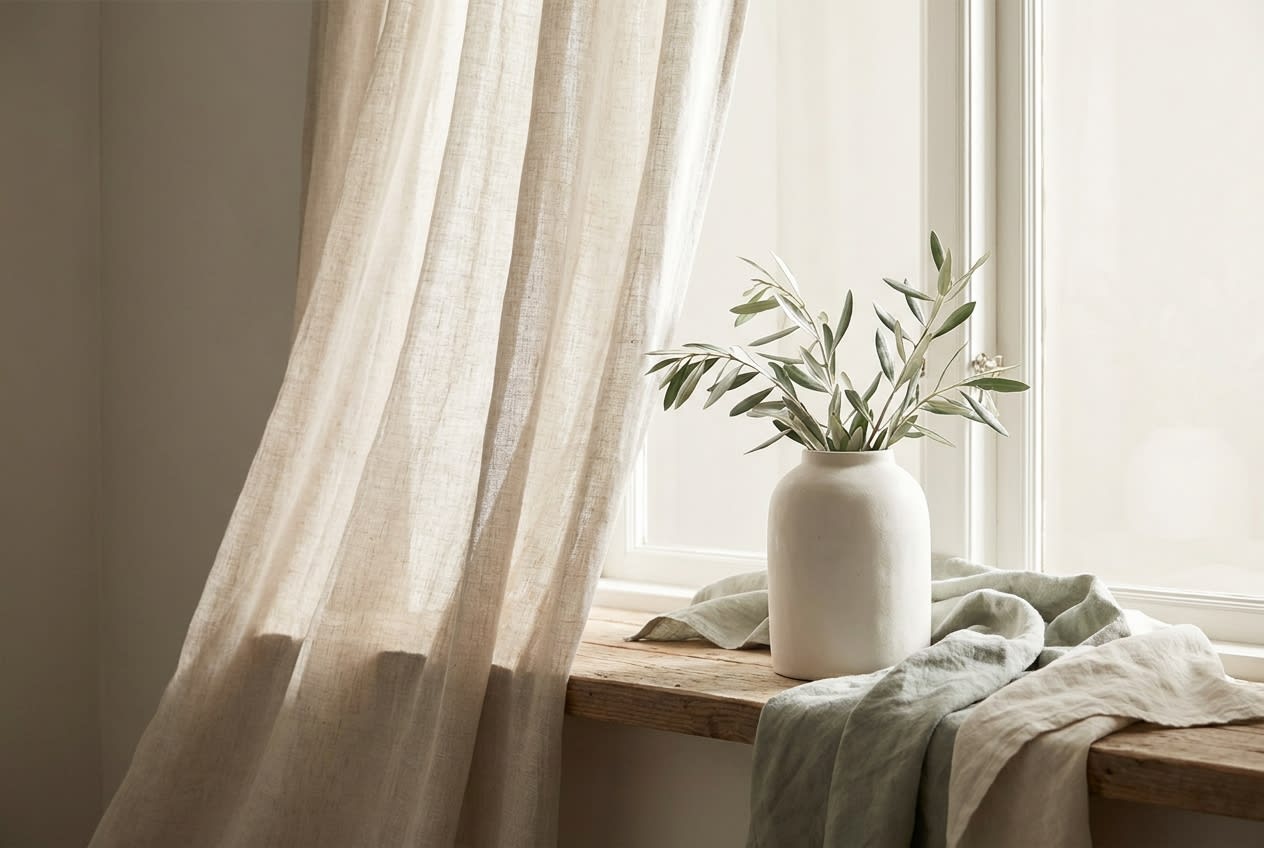 A calm windowsill with a sheer linen curtain, soft morning light, and sage olive sprigs in a white vase, evoking a slow exhale