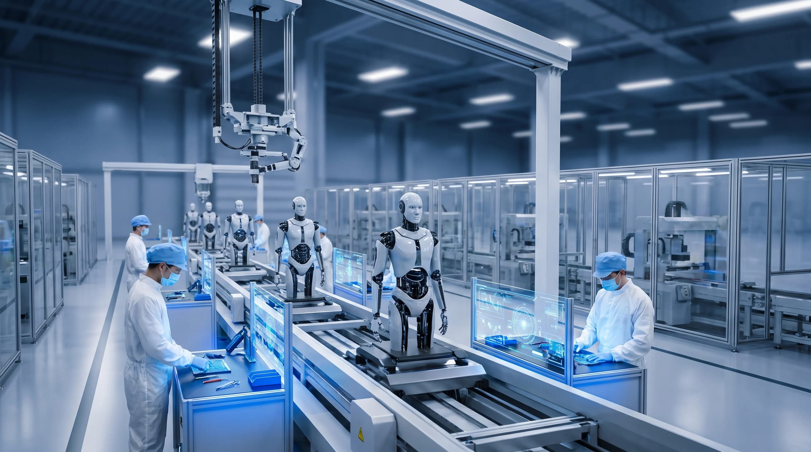 Humanoid robots on an assembly line inside a Chinese production hall, where a humanoid robot in China is built at scale