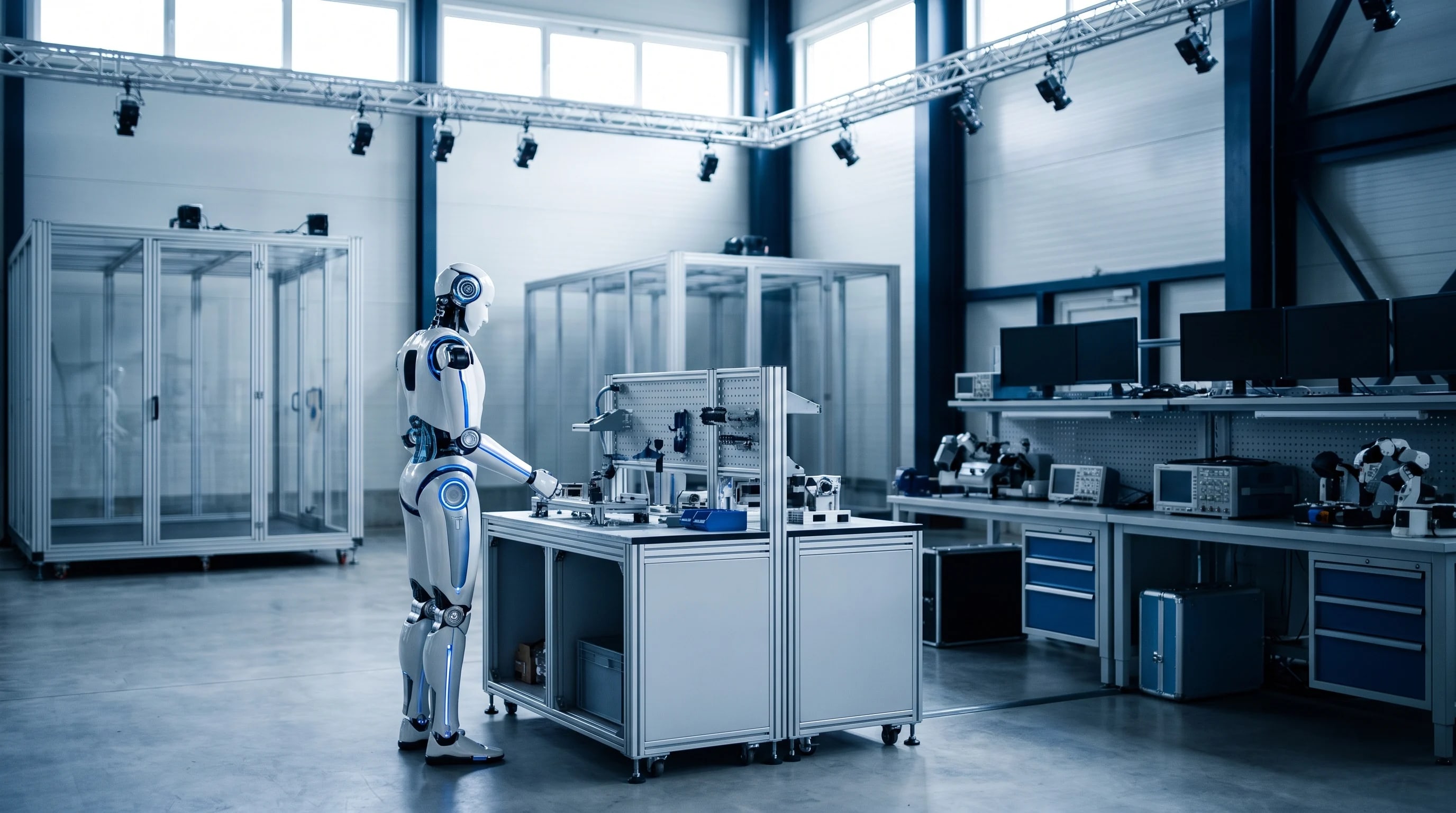 Illustration of a humanoid robot in a modern European industrial research hall, the kind of setting in which neura robotics develops and trains its machines