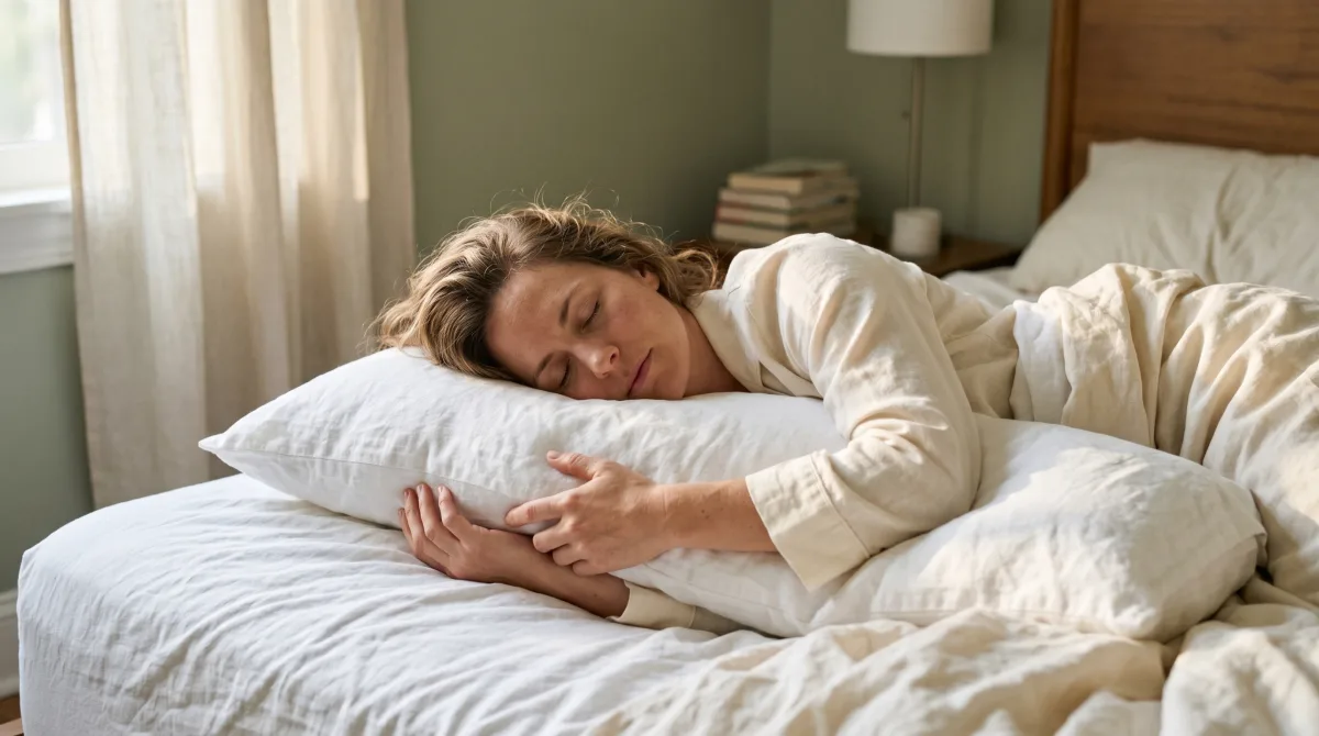 A woman in her late 30s sleeping peacefully on her left side, hugging a long white linen body pillow against her chest