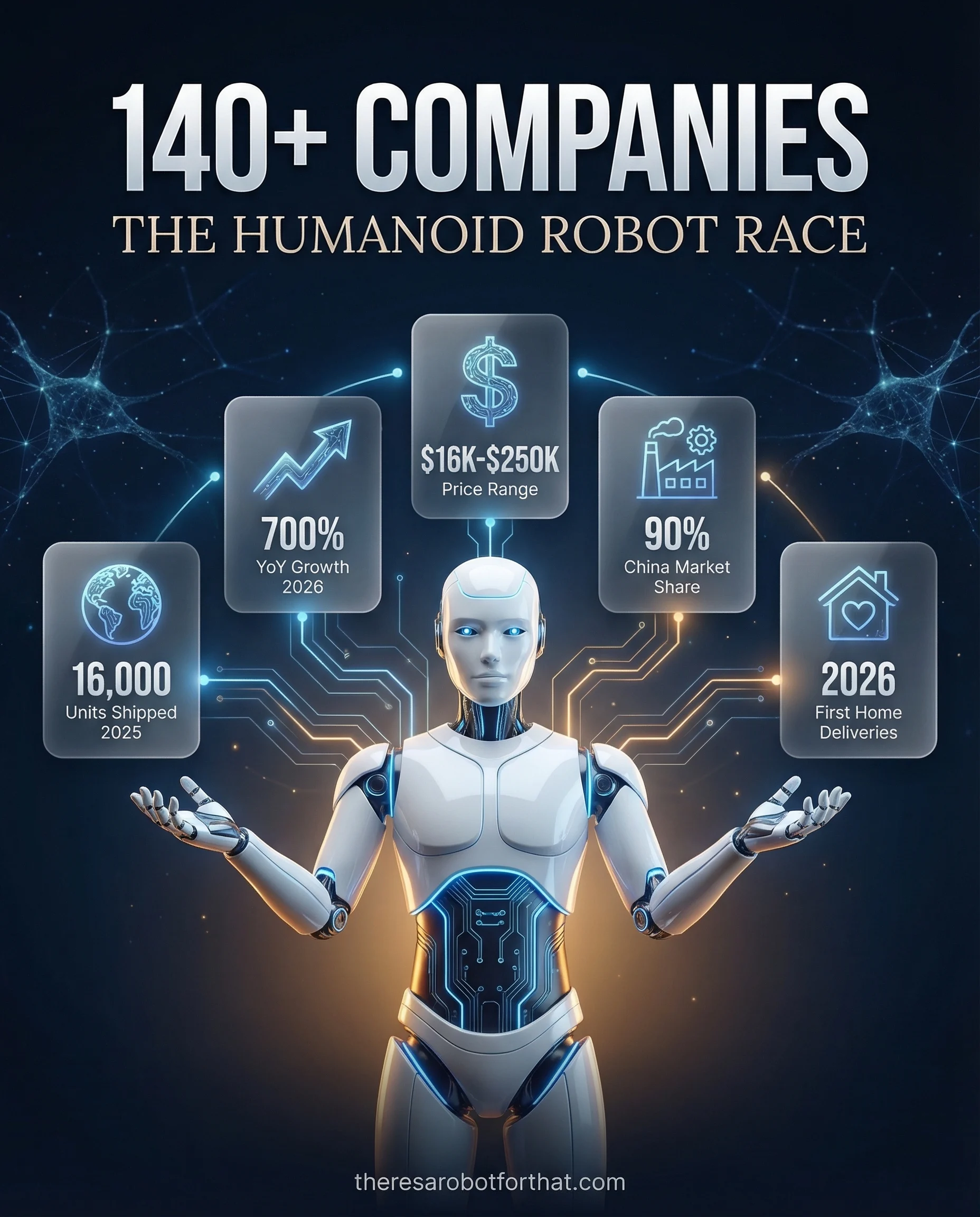 Infographic showing 140+ humanoid robot companies in 2026 with key market statistics including 16,000 units shipped, 700% growth, and price ranges