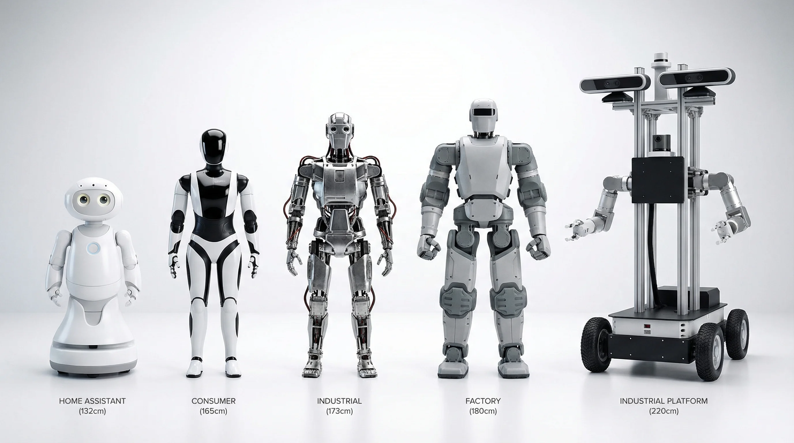 Five different humanoid robot models showcasing size and design variations from compact home robots to industrial platforms