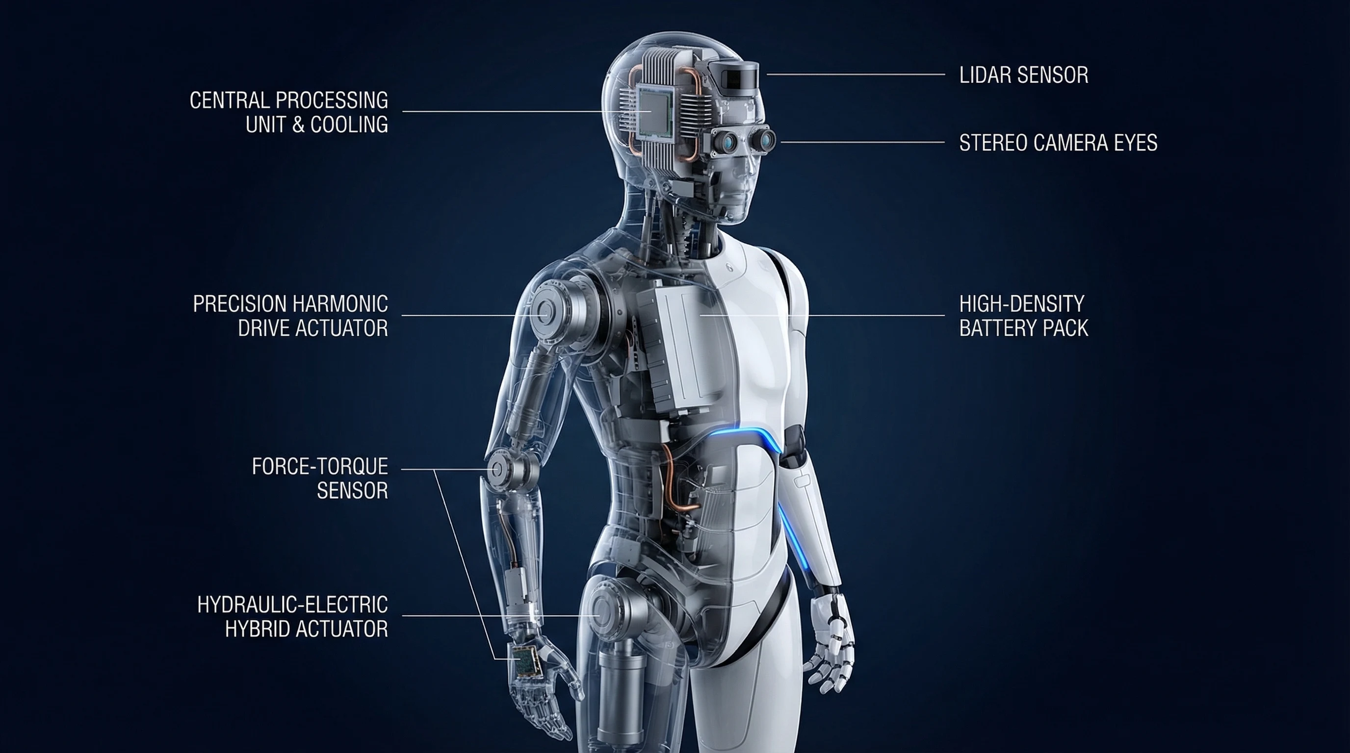 Technical cutaway diagram revealing humanoid robot internal components including NVIDIA Thor processor, LiDAR sensors, and precision actuators