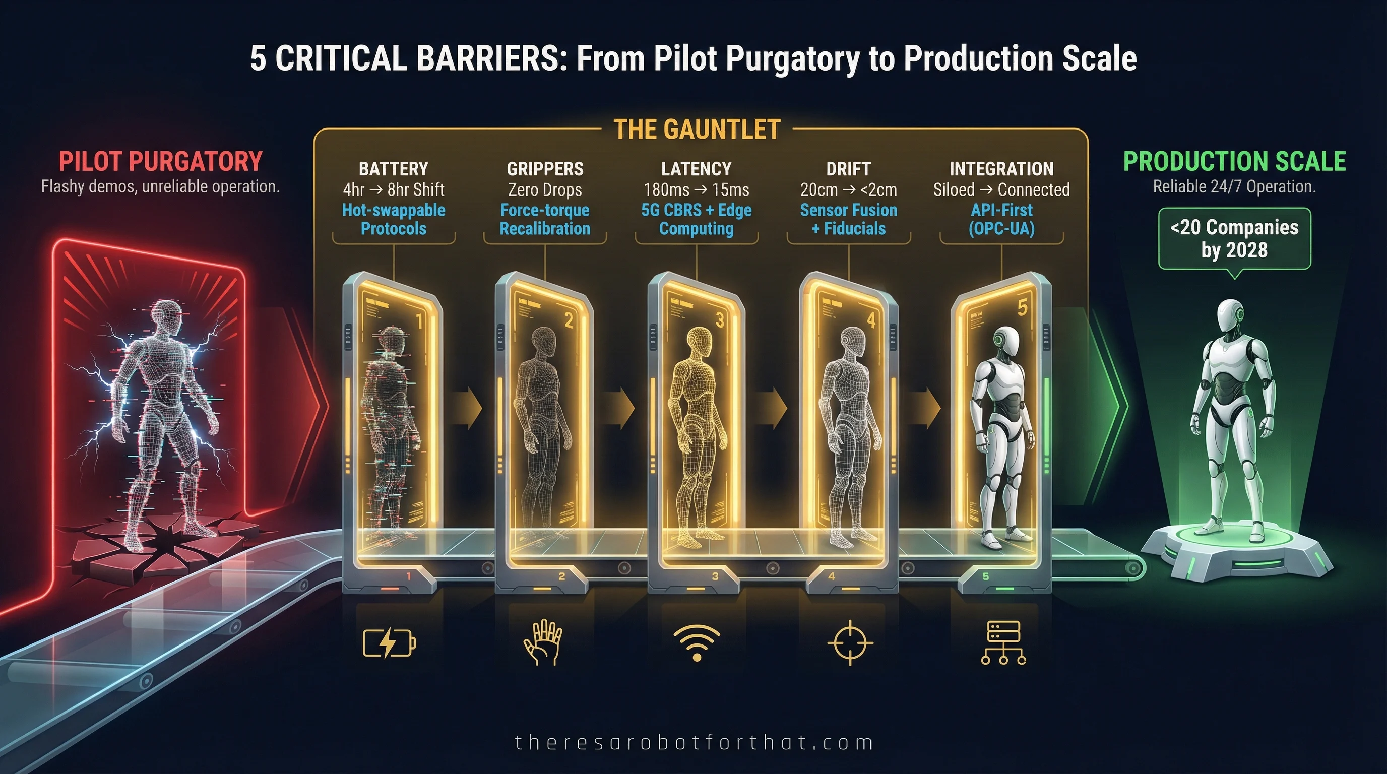 Humanoid robot pilot deployment in manufacturing facility demonstrating MES integration and network connectivity solutions. Robot interacts with production line equipment showing WiFi signal visualization and wireless data transmission. Industrial setting features conveyor systems, charging stations, and legacy MES equipment integration. Image illustrates solutions for network latency challenges and IT/OT convergence in humanoid robot factory implementations. Text reads "Robot Pilot Fixes."
