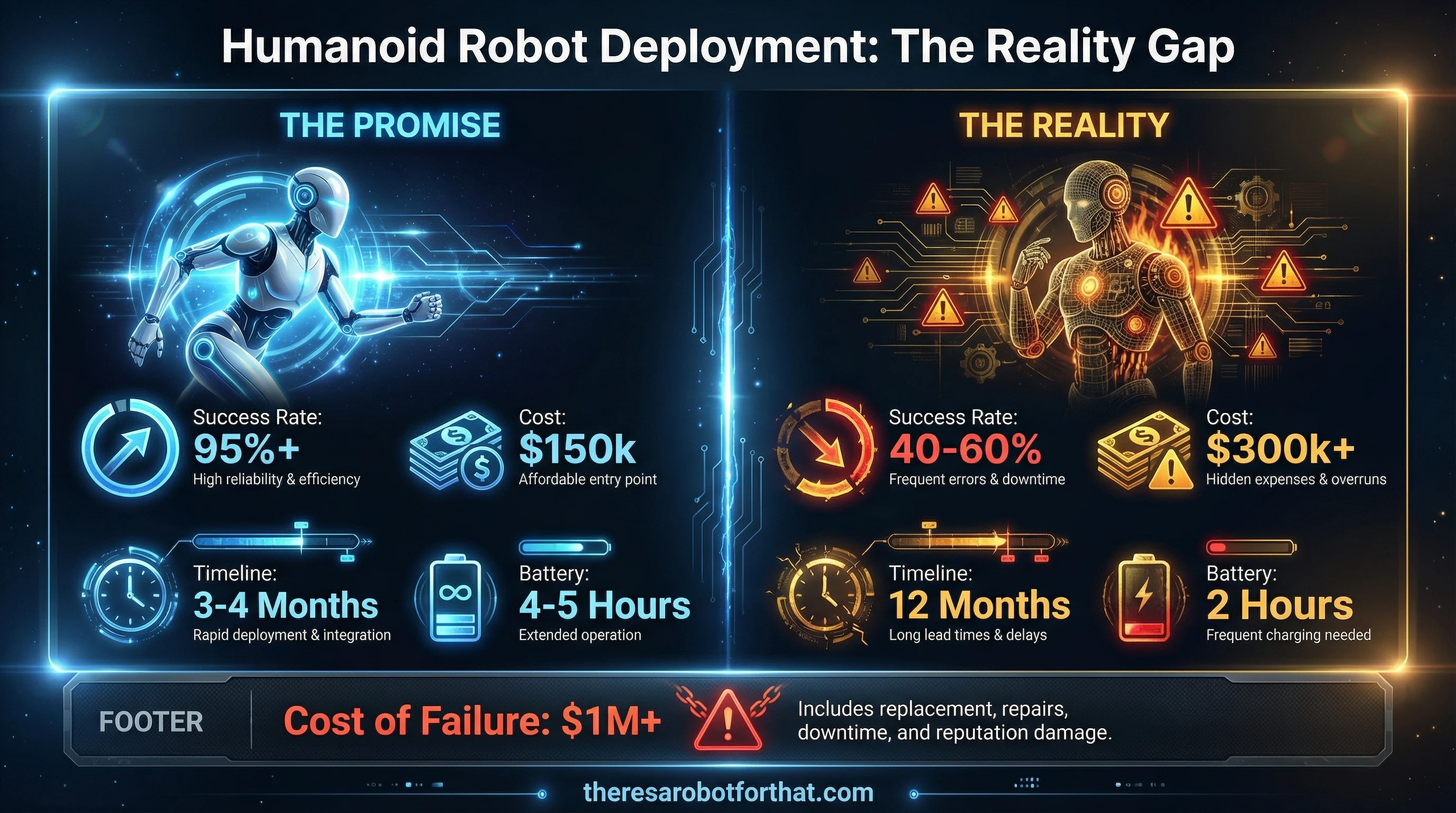 Humanoid Robot Deployment: The Reality Gap - Split-screen infographic comparing vendor promises (95%+ success, $150k cost, 3-4 months timeline, 4-5 hours battery) versus production reality (40-60% success, $300k+ cost, 12 months timeline, 2 hours battery). Cost of failure: $1M+