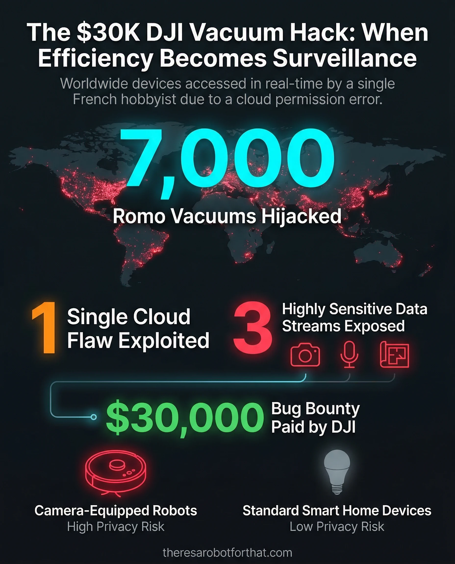 Statistical infographic detailing a DJI Romo robot vacuum security breach where 1 cloud permission error allowed a hacker to access 7,000 devices worldwide, exposing cameras, microphones, and floor maps, resulting in a $30,000 bug bounty payout.