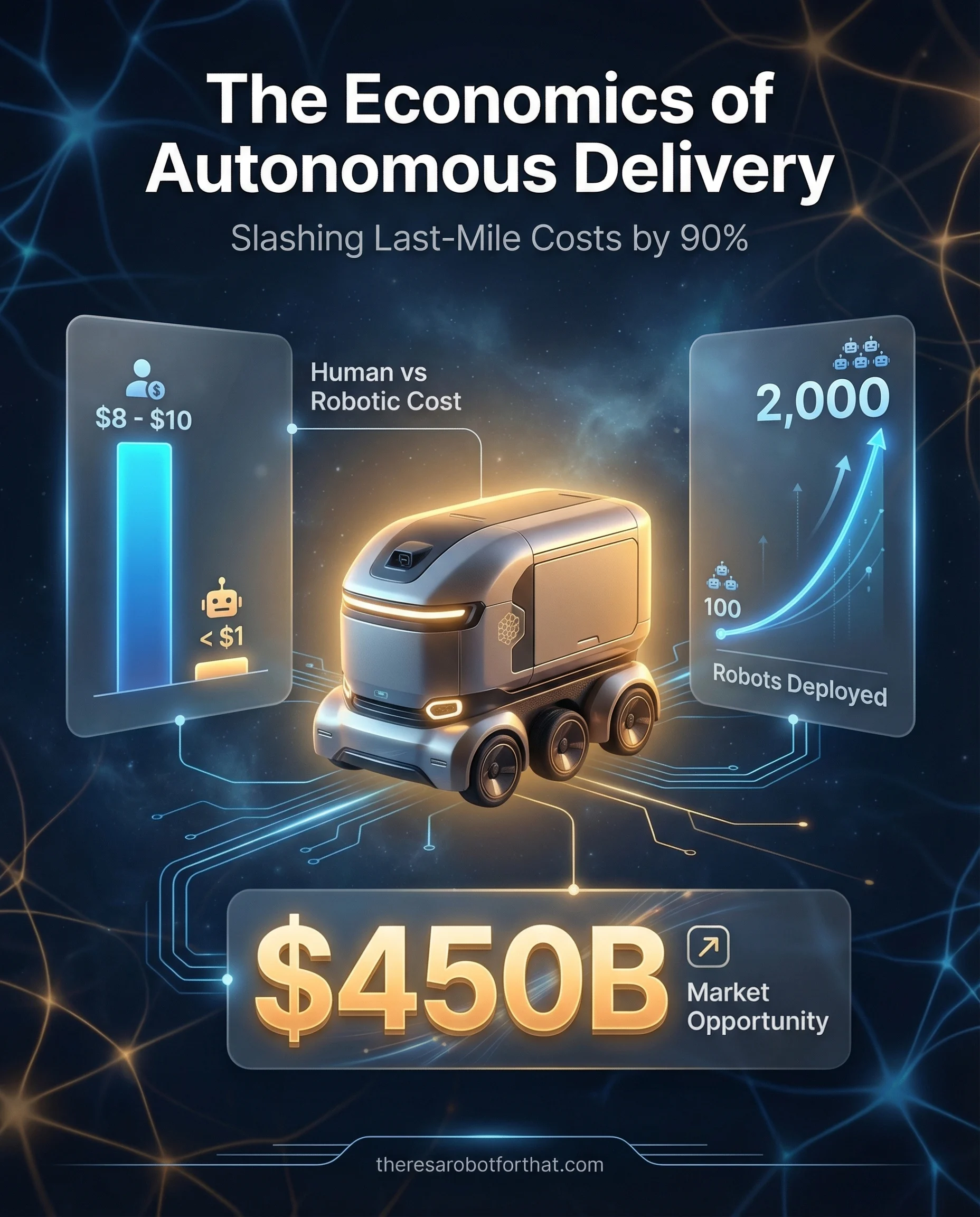 Bar chart comparing last-mile delivery costs reveals Serve Robotics achieves under $1 per trip versus $8 to $10 for human drivers. A secondary line chart illustrates rapid fleet expansion from 100 to 2,000 robots within 12 months.