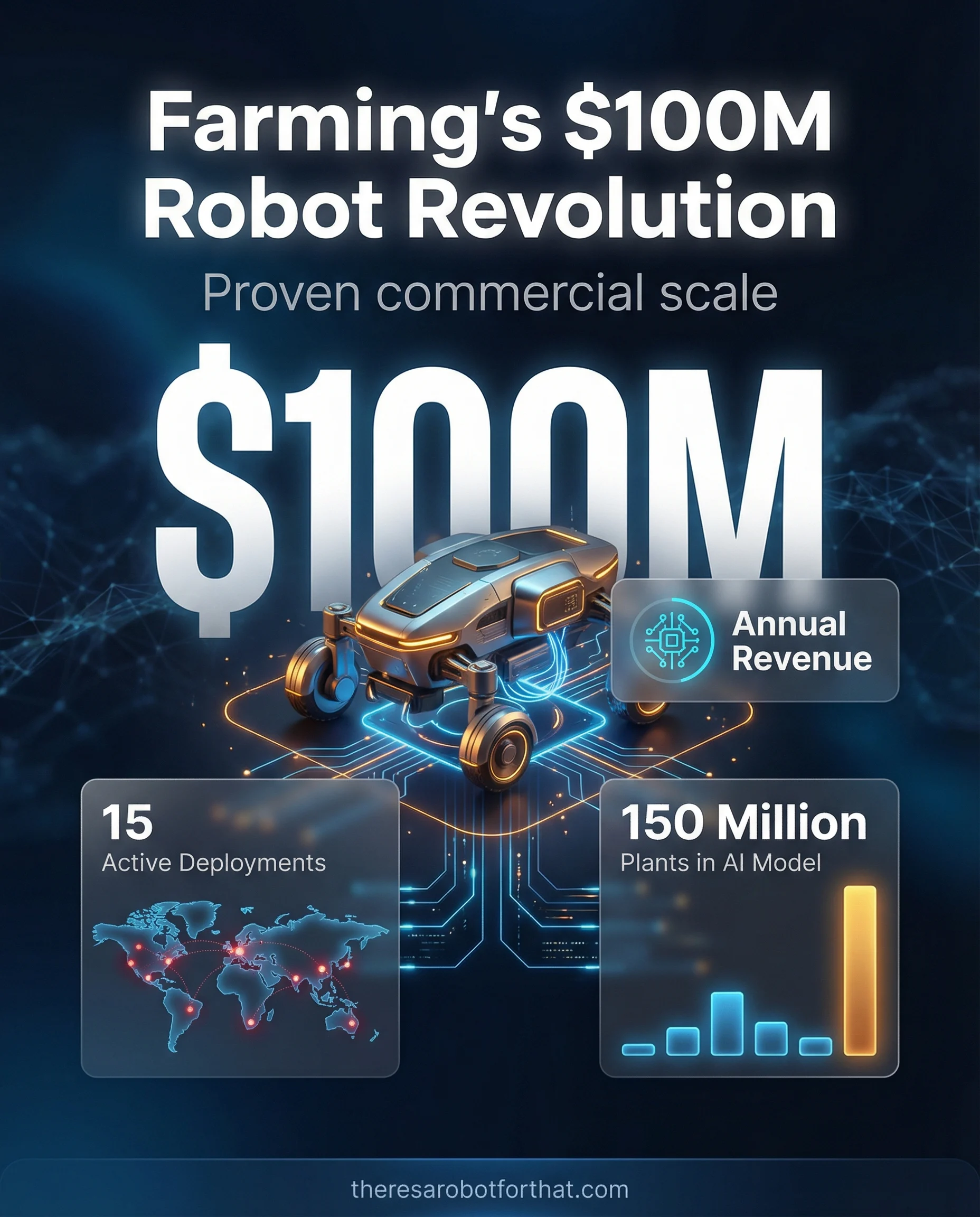Statistics infographic highlighting Carbon Robotics reaching 100 million dollars in annual revenue. Supporting metrics show deployments across 15 countries and an AI model trained on 150 million plants, demonstrating the massive scale of agricultural robotics compared to early-stage factory humanoids.