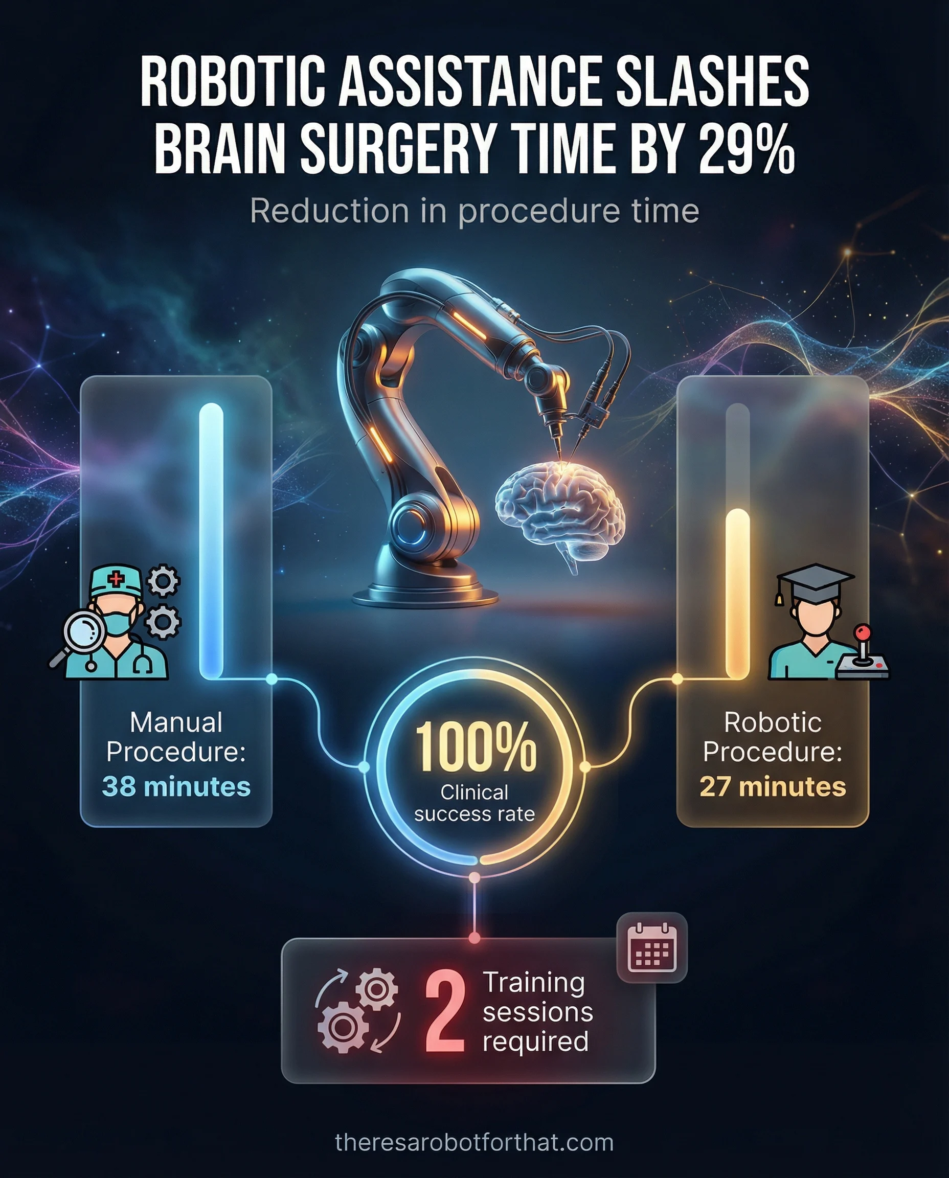 Bar chart comparing brain surgery procedure times, showing robotic assistance by a novice surgeon takes 27 minutes compared to 38 minutes for a manual procedure by an experienced surgeon, representing a 29 percent time reduction with a 100 percent success rate.