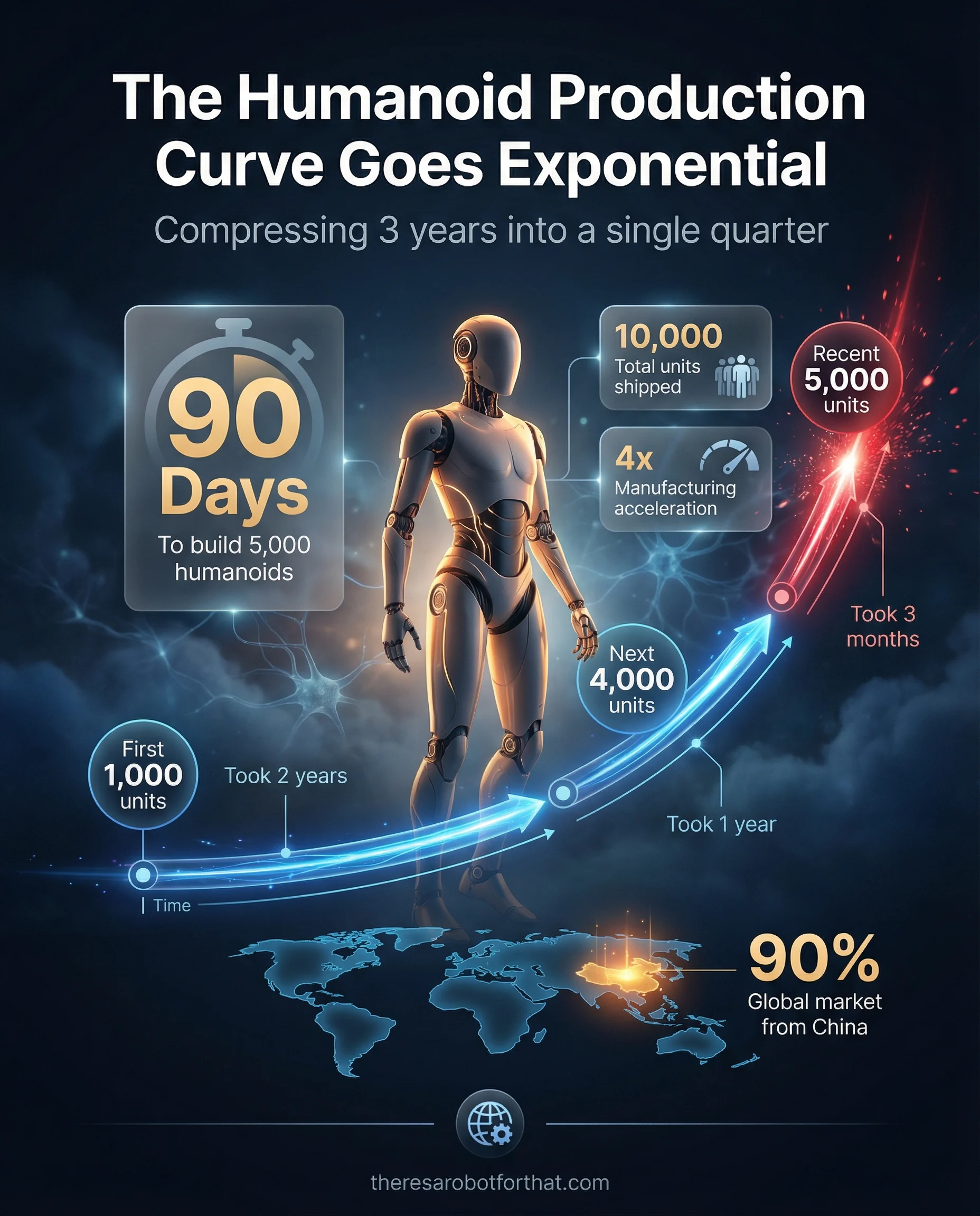 Timeline chart illustrating Agibot's manufacturing acceleration, showing the first 1,000 robots took 2 years to build, the next 4,000 took 1 year, and the most recent 5,000 took just 3 months, representing a 4x increase in efficiency.