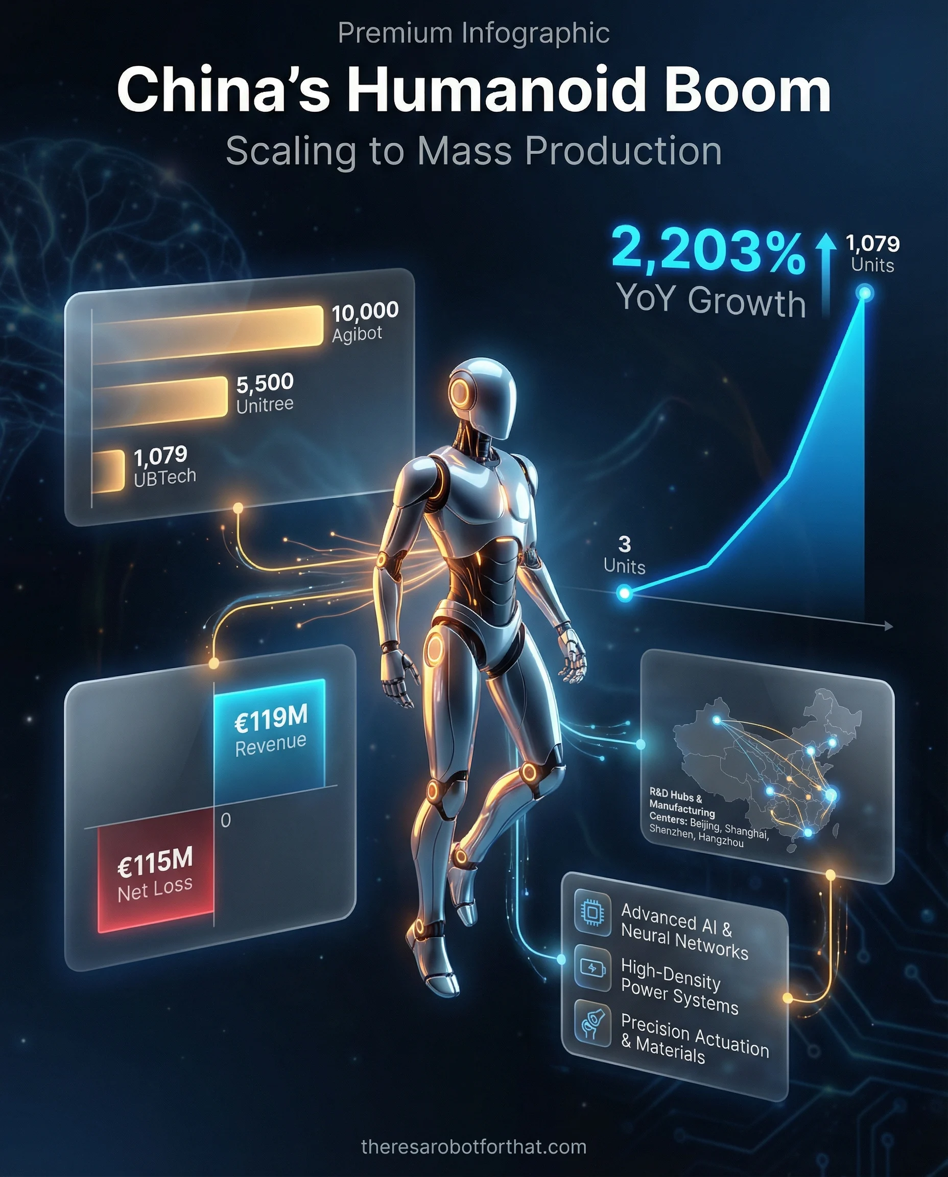Bar chart comparing Chinese humanoid robot production, highlighting Agibot's 10,000 units, Unitree's 5,500 units, and UBTech's 1,079 units. A secondary diverging chart illustrates UBTech's 2,203 percent growth, contrasting 119 million euros in revenue against a 115 million euro net loss.