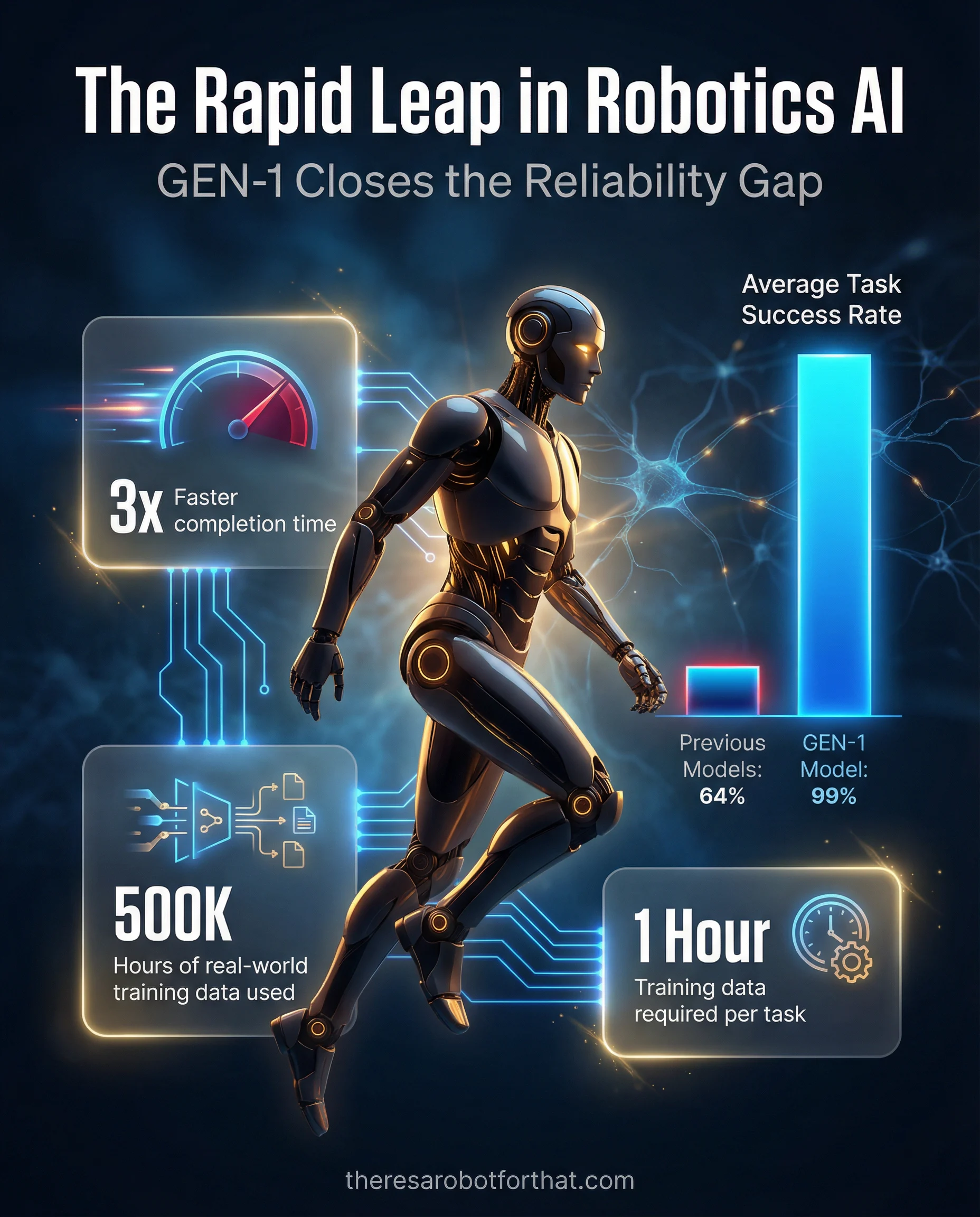 Bar chart comparing robotics AI success rates, showing Generalist's GEN-1 model achieving a 99 percent success rate compared to the previous 64 percent baseline, while completing tasks three times faster with only one hour of training data per task.